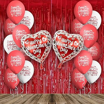 The Magic Balloons - Happy Valentine's Day Combo kit 16pcs of Balloons 2pcs of curtain and 2pcs of Heart shaped foil balloons pack of 20pcs For Valentine's Decoration.