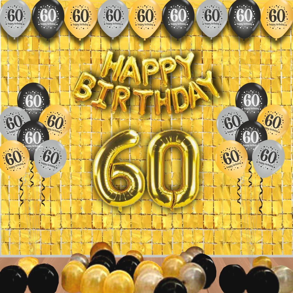 The Magic Balloons -Happy 60th Birthday Balloons, Happy Birthday Banner Black, Golden Curtain, Magic Candle & Party popper