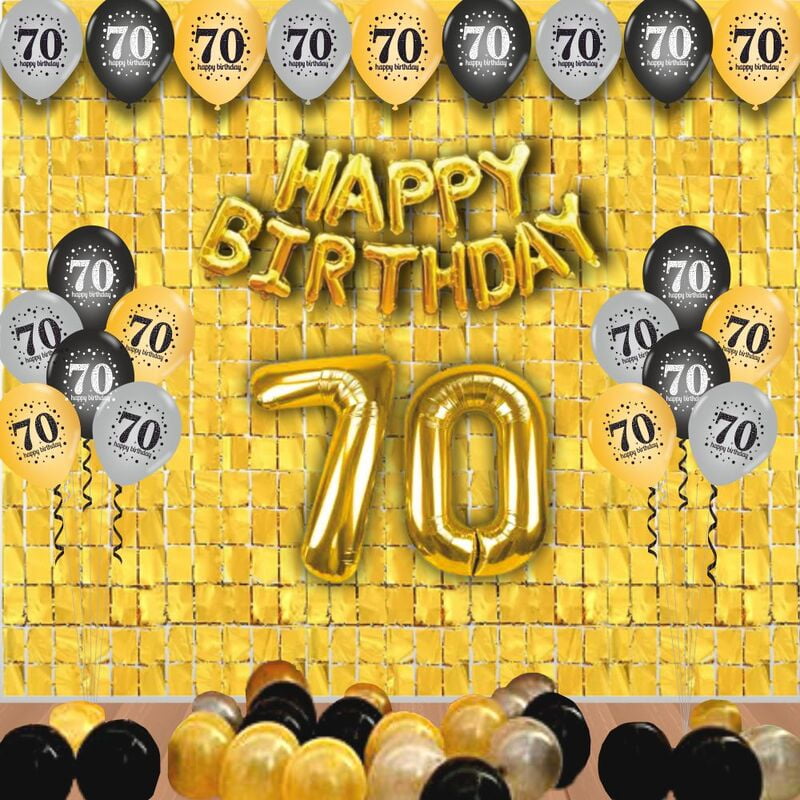 The Magic Balloons -Happy 70th Birthday Balloons, Happy Birthday Banner Black, Golden Curtain, Magic Candle & Balloon pump