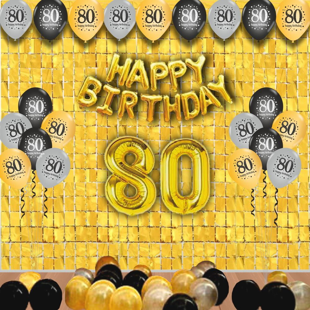 The Magic Balloons- Happy 80th Birthday decoration kit combo- 46 pcs Black Gold & silver 30 pcs rubber balloons, Happy Birthday foil banner, 2pcs Golden foil Curtain & balloon-pump