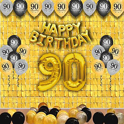 The Magic Balloons- Happy 90th Birthday decoration kit combo 48 pcs Black Golden & silver 30 pcs rubber balloons, Happy Birthday foil banner with 90 Number foil, 2pcs Golden foil Curtain & air-pump The Magic Balloons- Happy 90th Birthday decoration kit combo 48 pcs Black Golden & silver 30 pcs rubber balloons, Happy Birthday foil banner with 90 Number foil, 2pcs Golden foil Curtain & air-pump
