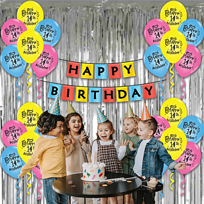 The Magic Balloons – Happy 14th Birthday Combo Kits For Birthday Parties Decorations Pack Of 17pcs 1 Banner, 1 curtain, and 15pcs Pre-Printed Multicolor Balloons