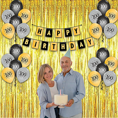Celebrate The Milestone 100th Birthday Of A Special Someone With Our Combo Kit, Which Includes 15pcs Printed Balloons, A Curtain, And A Banner.
