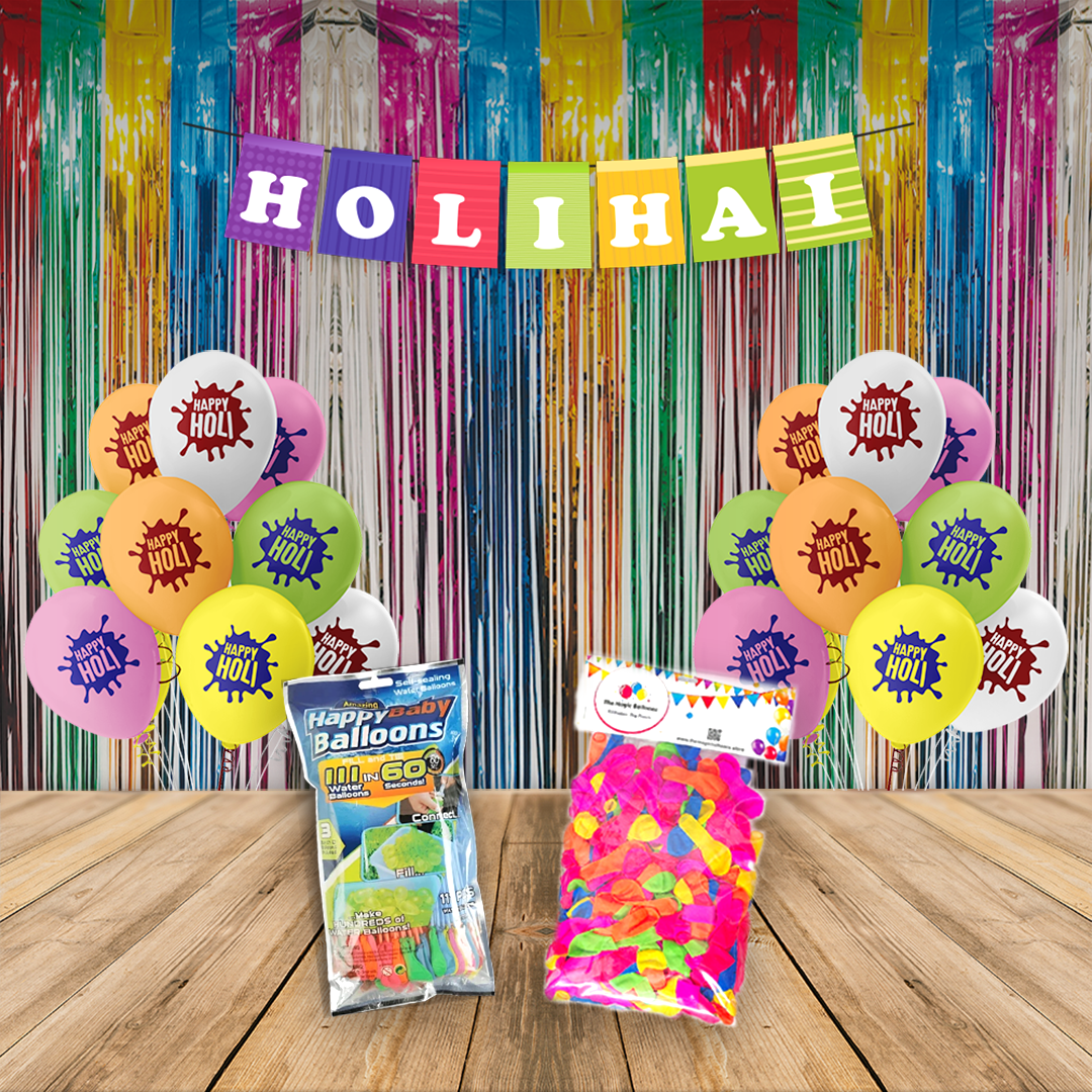 The Magic Balloons- Holi Decoration Combo Kit 30pcs Of Holi Balloons | 2 Multicolour curtains | 1 banner | 111 Pack Magic Water Balloons | 500pcs Of Water Balloons | Pack Of 644 pcs.