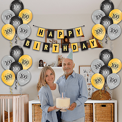 The Magic Balloons - Happy 100th Birthday Combo kit Of 30pcs Printed Balloons and 1 Banner Pack of 31pcs
