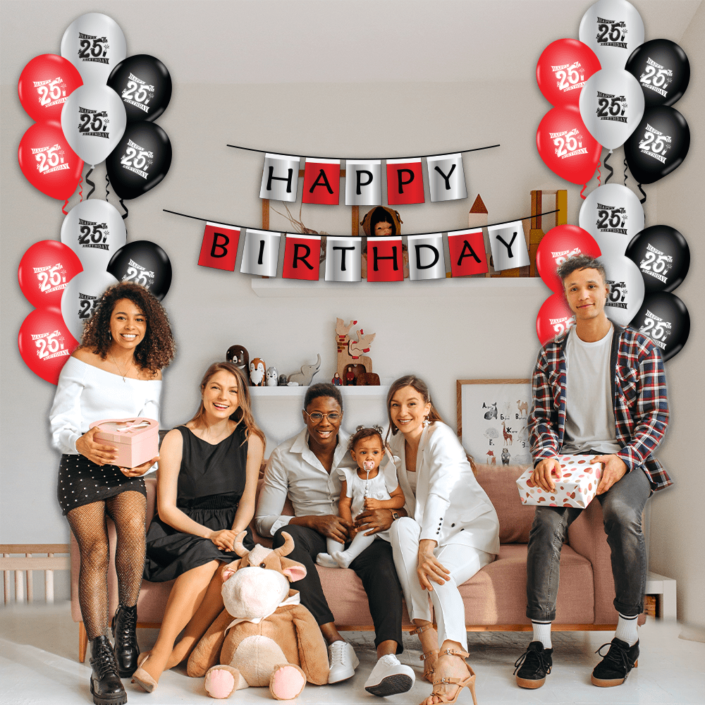 Make Your 25th Birthday Celebration Extra Special With Our Combo Kit Of 30pcs Printed Balloons And A Banner Pack Of 31pcs