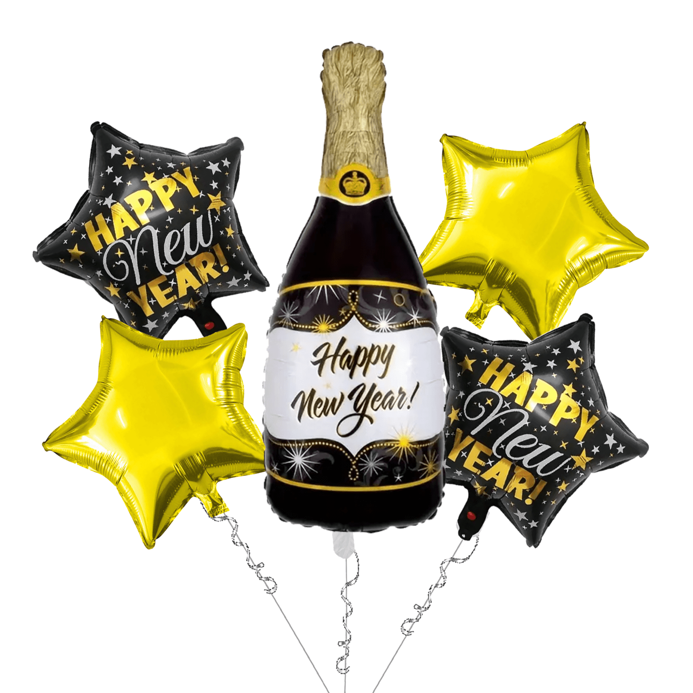 The Magic Balloons - New Year Theme Foil Balloons combo Kit For New Year Party Decoration Pack of 5pcs 2 Stars, 2 Circles And A Big Size Champion Bottle Foil Balloon For Home and Offices.