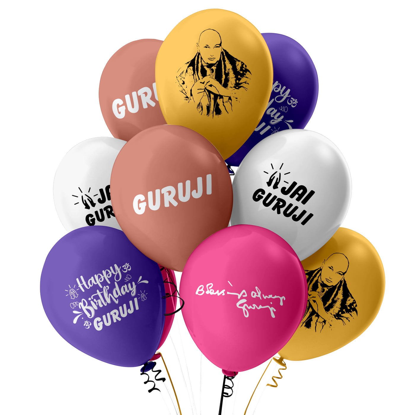 The Magic Balloons - Set of 50 pcs Celebrate the special day Of Guruji Birthday Printed 12" Balloons Multicolor Metallic Balloons with Guru ji Photo and 4 other design