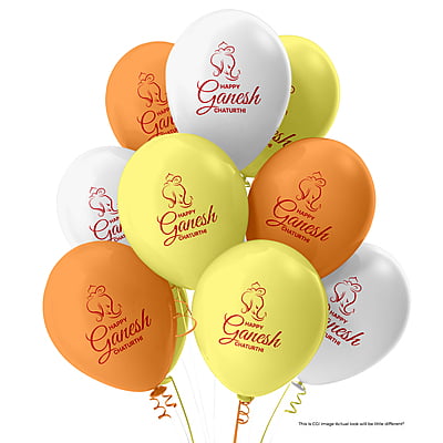 The Magic Balloons Store-Happy Ganesh Chaturthi customized  Balloons, Ganesh Chaturthi decorations at mandap/ home Pack of 30 multicolor Metallic yellow, metallic orange metallic white balloons-181133