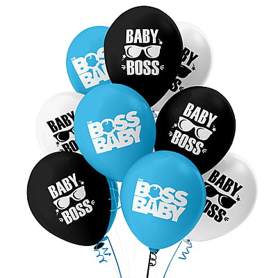 The Magic Balloons-Boss Baby Theme Balloons for Party Décor with Blue, White & black balloons. Pre-Printed Boss Baby Theme latex balloons for Birthday Decoration/Party Supplies-Pack of 30 pcs