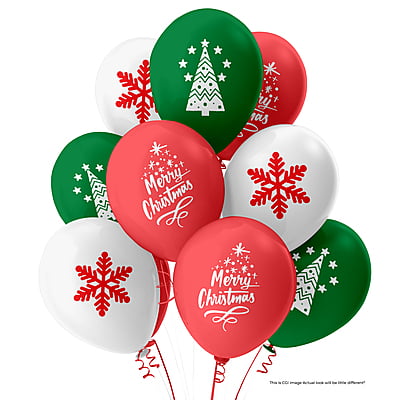 The Magic Balloons- Printed Merry Christmas Latex Balloons for Christmas Decorations - Pack of 30 (Merry Christmas, Snowflakes & Christmas tree printed)