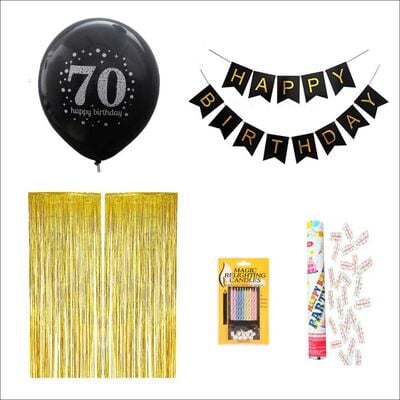 The Magic Balloons Store-Happy 70th Birthday Balloons, Happy Birthday Banner Black, Golden Curtain, Magic Candle & Party popper