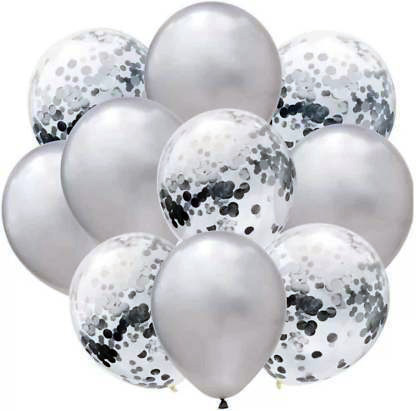 The Magic Balloons Store-Silver Latex & Silver Confetti Balloons Pack  -10 Pieces