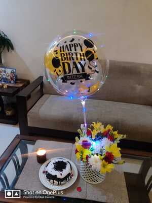 The Magic Balloons Store-Personalized LED Happy Birthday Bubble Balloon & Flower Bouquet 181150